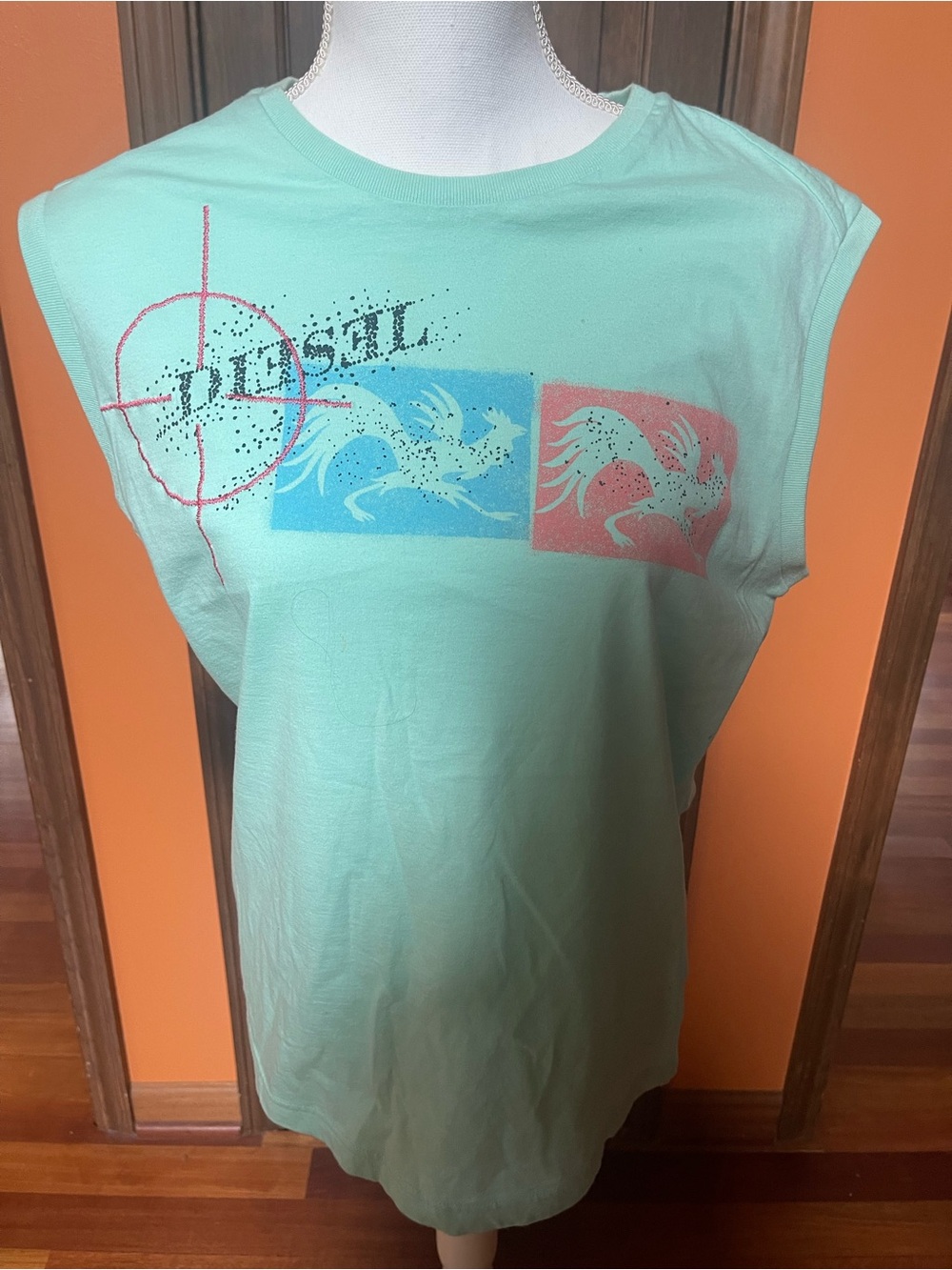 Diesel Vintage Mint Green Tee with Blue and Coral Graphics